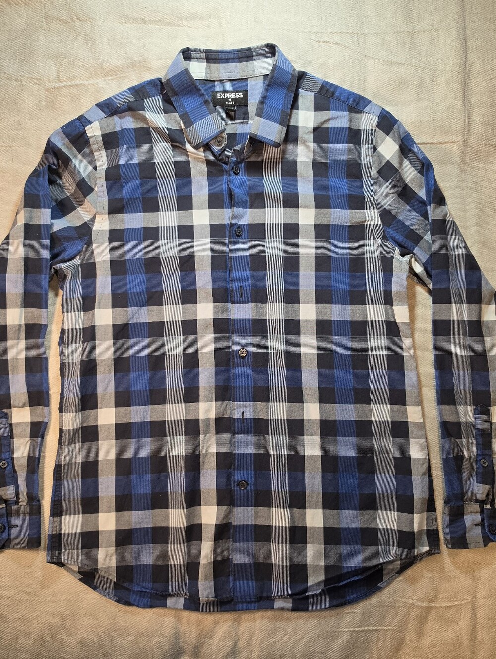 Express Men's Blue, White & Black Checked Button-Down Shirt